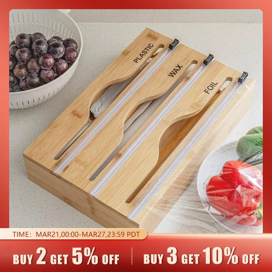 1pc Cling Film Cutter Minimalist Wall Mounted Wooden Kitchenware Multi Compartment Multi Layer Hidden Scratchers Two Way Cutter