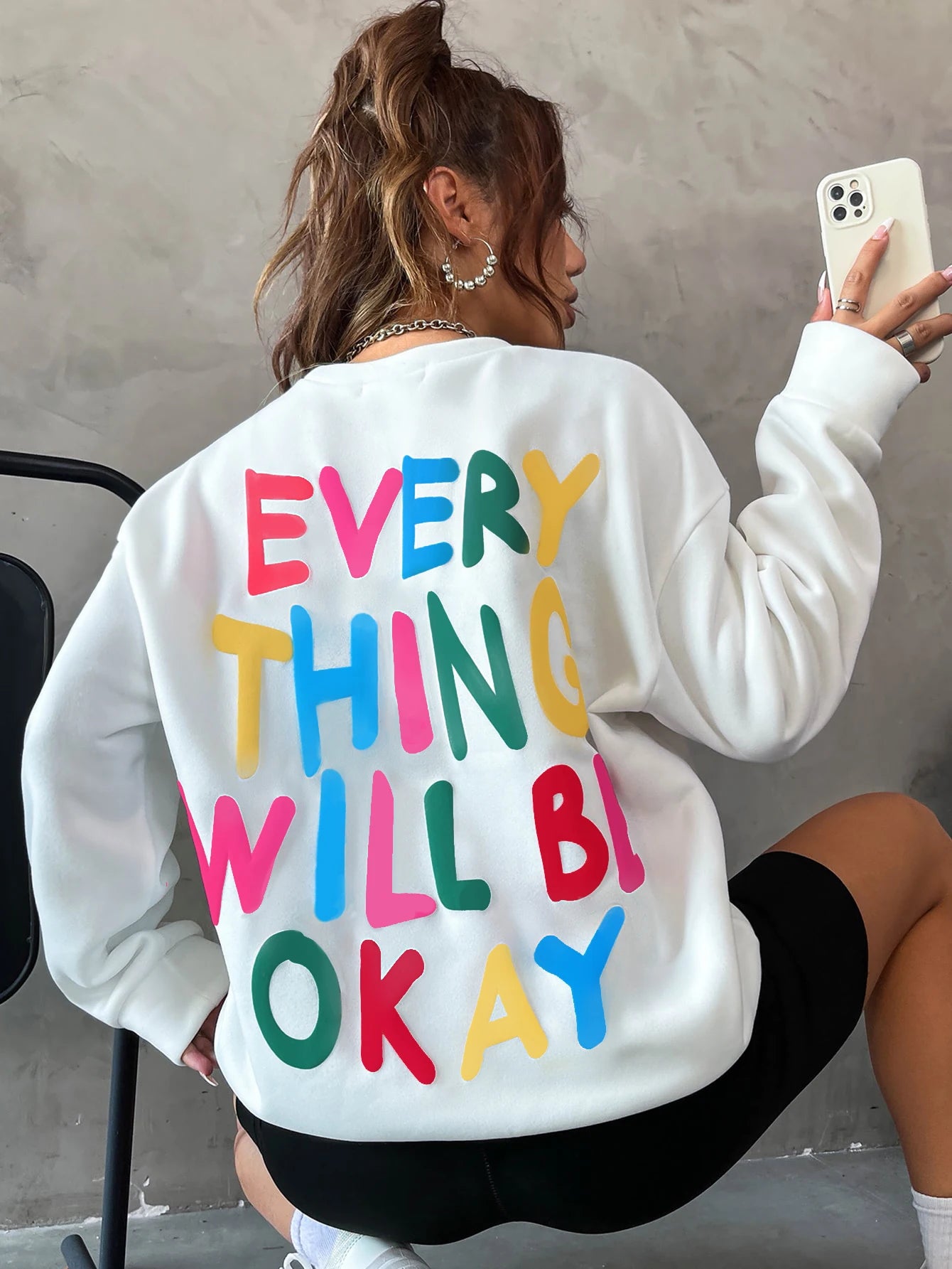 Fashion Womans Sweatshirt Everything Will Be Okay Letter Printed Pullover Loose Warm Crewneck Hoodies Casual Female Clothing