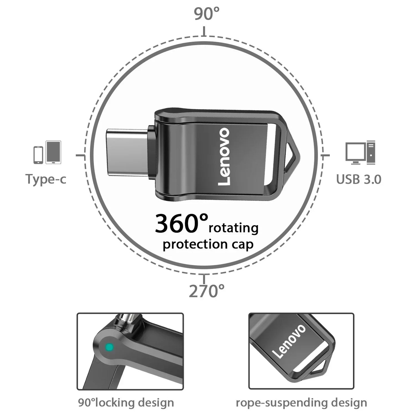 Lenovo Flash Drive 2TB USB 3.0 1TB High Speed TYPE-C Pen Drive Interface Dual-Use Flash Memory Stick For Mobile Phone Computer