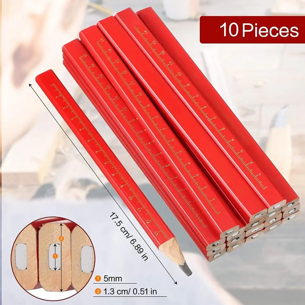 10pcs Carpenter Pencils Woodworking Pencil With Scale Black Lead DIY Builder Joiners Tool Blue Red Lead Stationery Marker Pencil