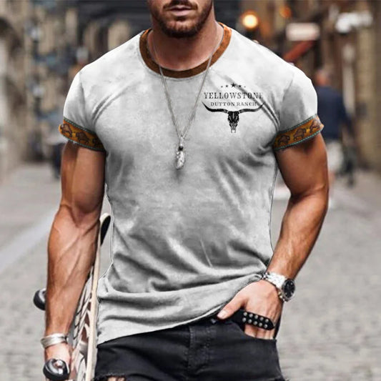 New Men's T-Shirt Yellowstone Print Tees For Men Vintage Crew Neck Sweatshirt Text Graphic Tops Male Sports Short Sleeve Clothes