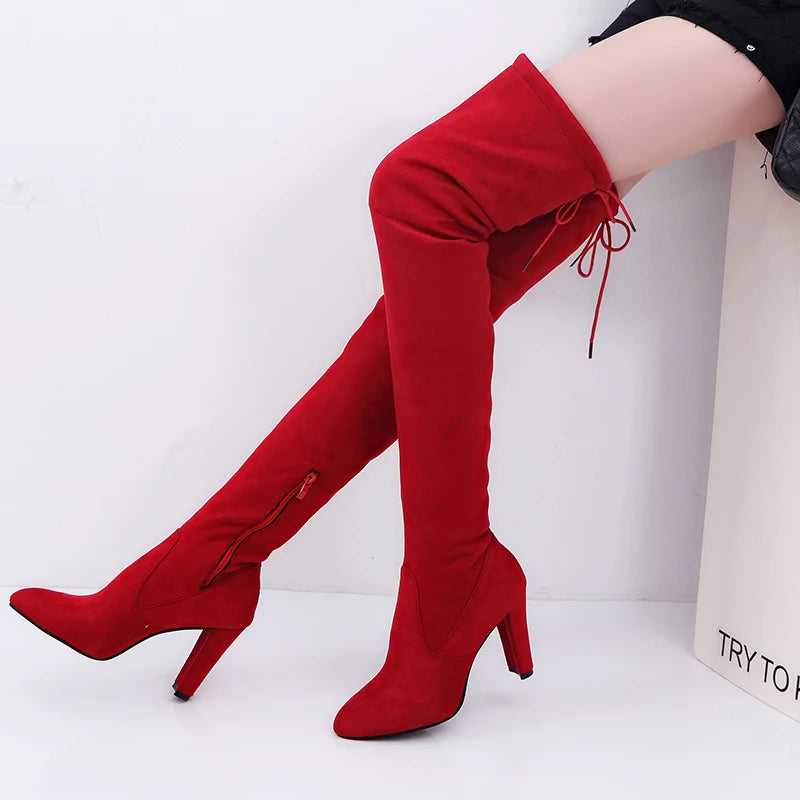 The Knee Women Boots Stretch Fabrics High Heel Slip On Shoes Pointed Toe Woman Long Boots Size Plus Size34-43