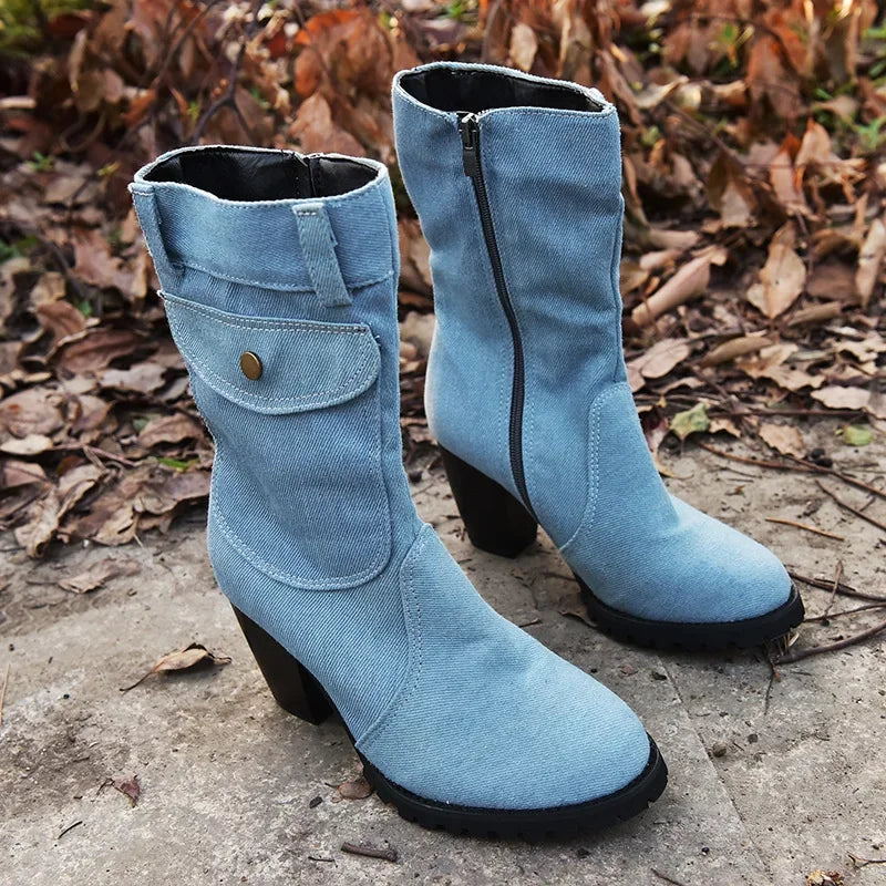 Jeans Mid-calf Boots Women's Ankle Boot Autumn winter warm Rome Solid Slip-On Chunky Heels Vintage Ladies Shoes Botas de mujer