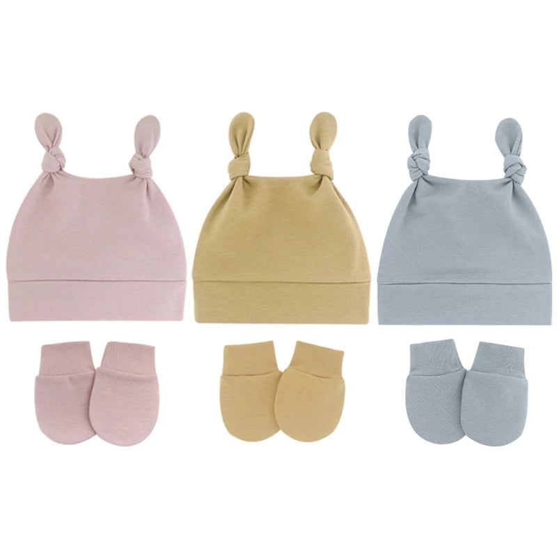 N80C Newborn Hospital Hat Mittens Baby Beanie Solid Infant Baby with Ears Gloves