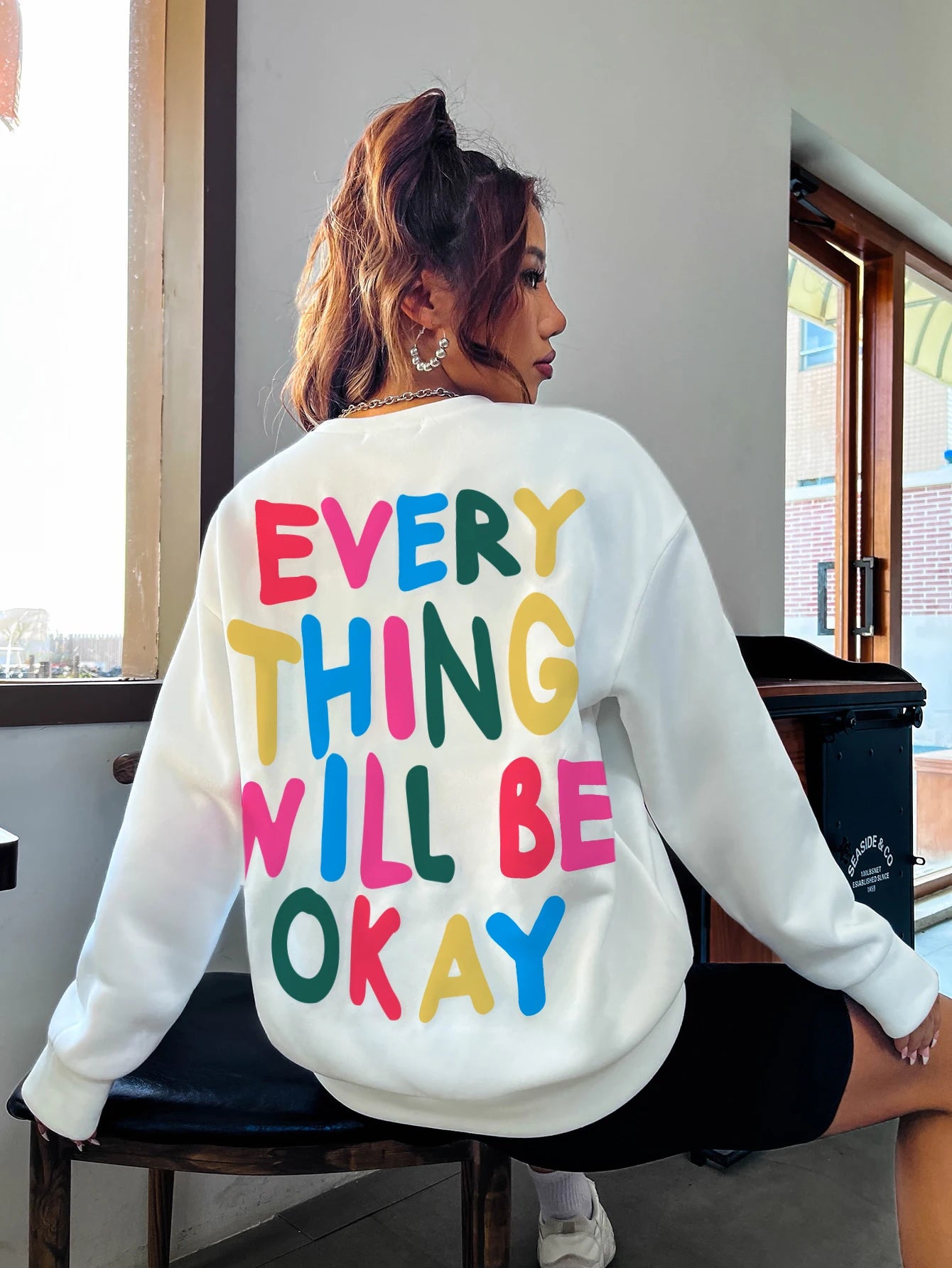 Fashion Womans Sweatshirt Everything Will Be Okay Letter Printed Pullover Loose Warm Crewneck Hoodies Casual Female Clothing