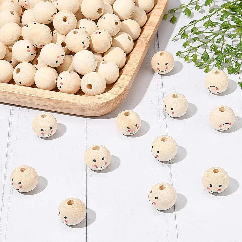 5-50pcs Natural Smile Face Ball Wood Beads Wooden Doll Loose Beads for DIY Craft Jewelry Bracelet Necklace Making Spacer Beads