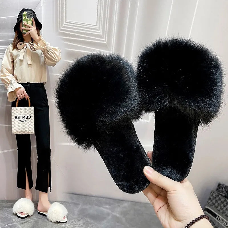 Winter Fur Slippers Home Women Indoor Furry Soft Fluffy Plush Platform Flat Cotton Slippers Luxury Designer Slides House Shoes