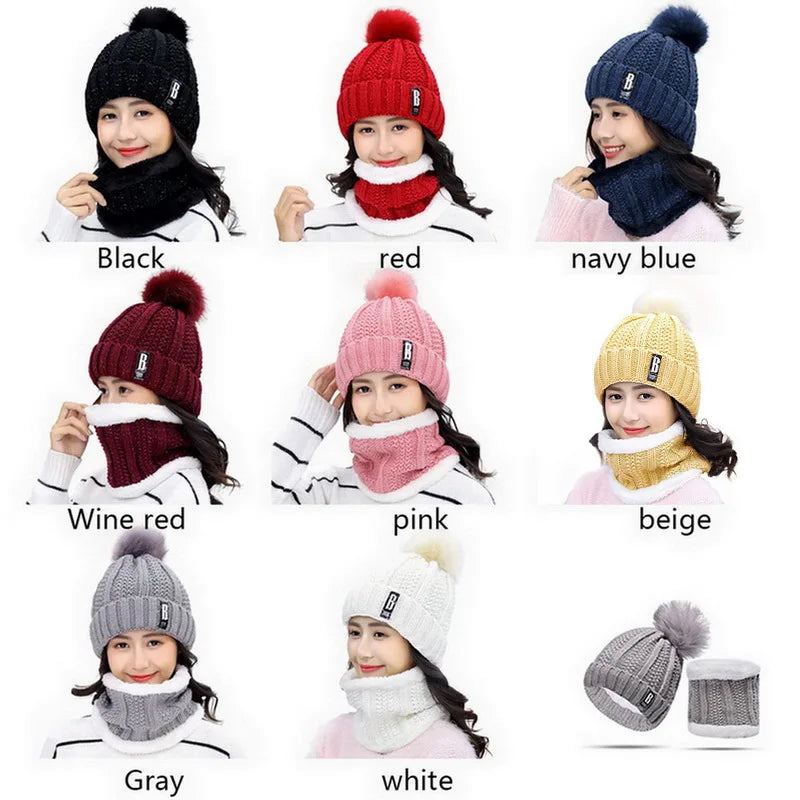 Winter Knitted Scarf Hat Set Thick Warm Skullies Beanies Hats for Women Outdoor Cycling Riding Ski Bonnet Caps Tube Scarf Rings