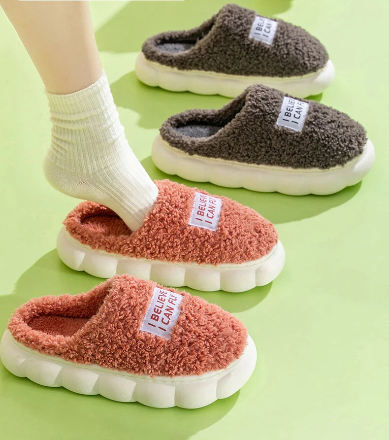 Thick Sole Home Indoor Outside Men And Women Couples Winter Household Warm Fluffy Slippers High Heels Plush Cotton Shoes Ladies