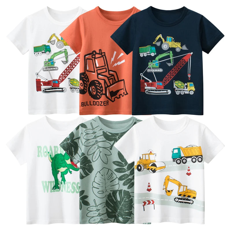 2024 Summer New Children's Short Sleeved T-shirts Boys Clothing Cartoon Vehicles Excavators Cotton Tops Tee Shirts Kids Clothes