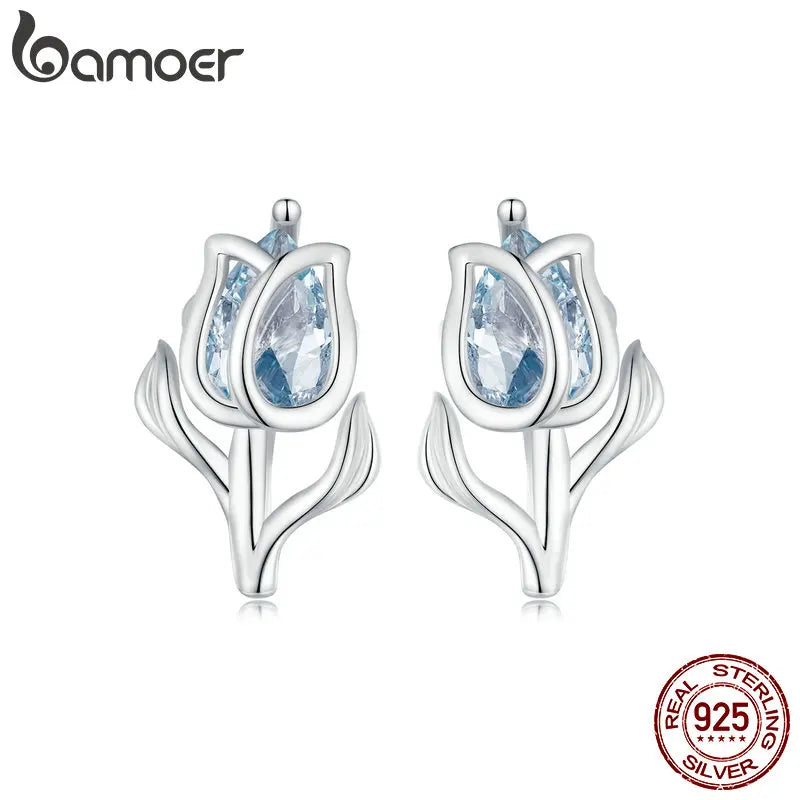 Bamoer 925 Sterling Silver Blue Exquisite Spinel Tulip Earrings Flower Stud Earrings for Women Party Fine Jewelry