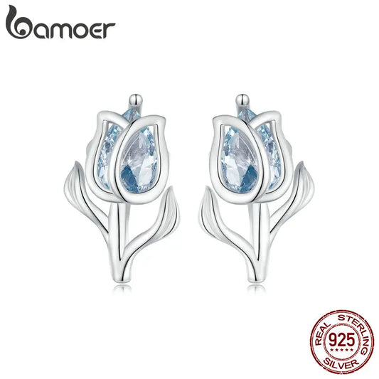 Bamoer 925 Sterling Silver Blue Exquisite Spinel Tulip Earrings Flower Stud Earrings for Women Party Fine Jewelry