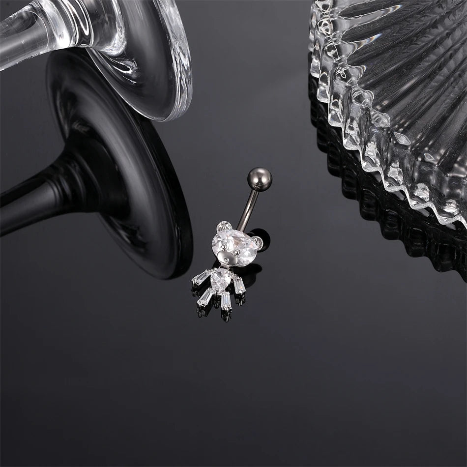 G23titan Bright Silver Color Zircon Bear Belly Piercing Ring 14G Titanium Navel Bar Body Jewelry Women Beach Vacation Accesories