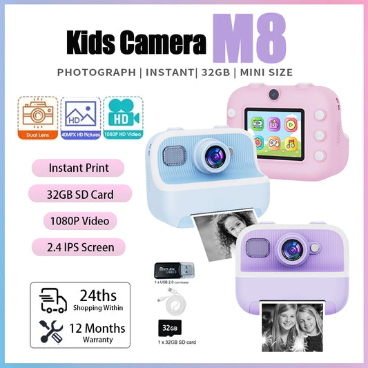 M8 Children Camera Instant Print Dual Lens Kids Photo Printing Camera HD Video Recording with Thermal Paper Educational Toys