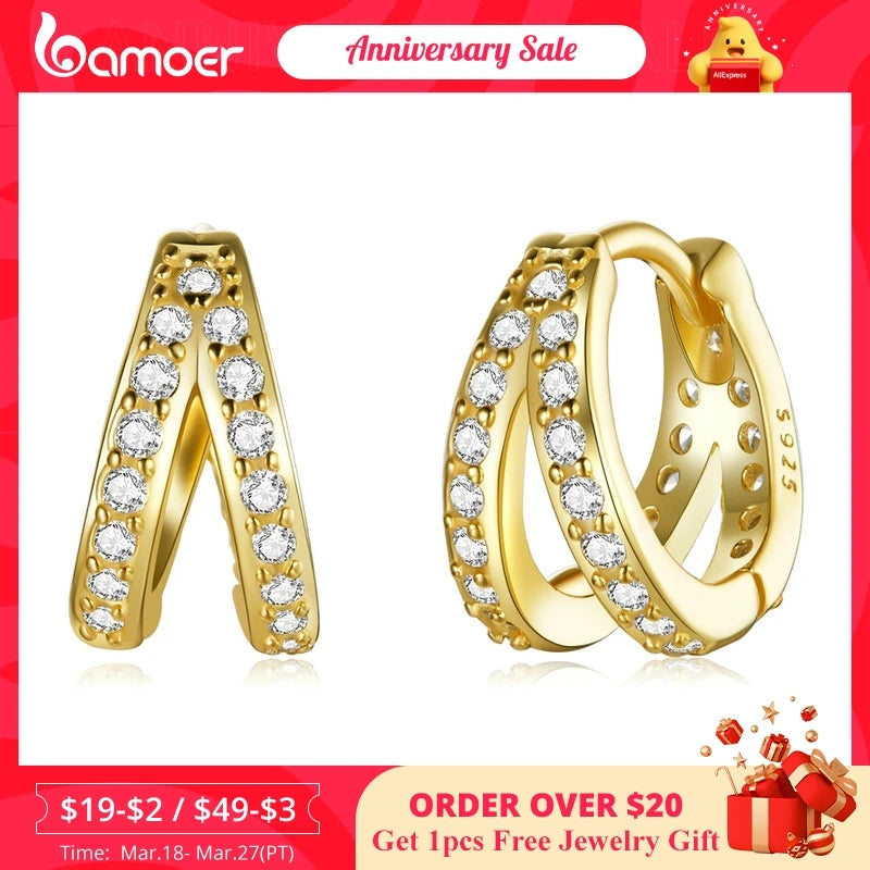 Bamoer 925 Sterling Silver Classic Geometry Earrings Women Zircon Crystal Double Rings Ear Hoop Earrings 3 Colors