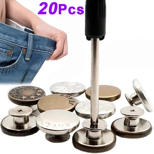 20/10Pcs Detachable Jeans Buttons Adjustable Waist Retro Metal Button No Sewing Pants Buckles Screw Nail Repair Kit Send Tools