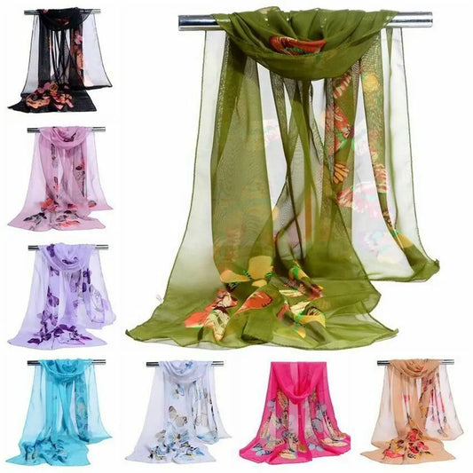 Elegant Silk Scarves Women's Butterfly Flower Print Long Chiffon Scarf Soft Wrap Lady Shawl New Trendy Fashion Accessories