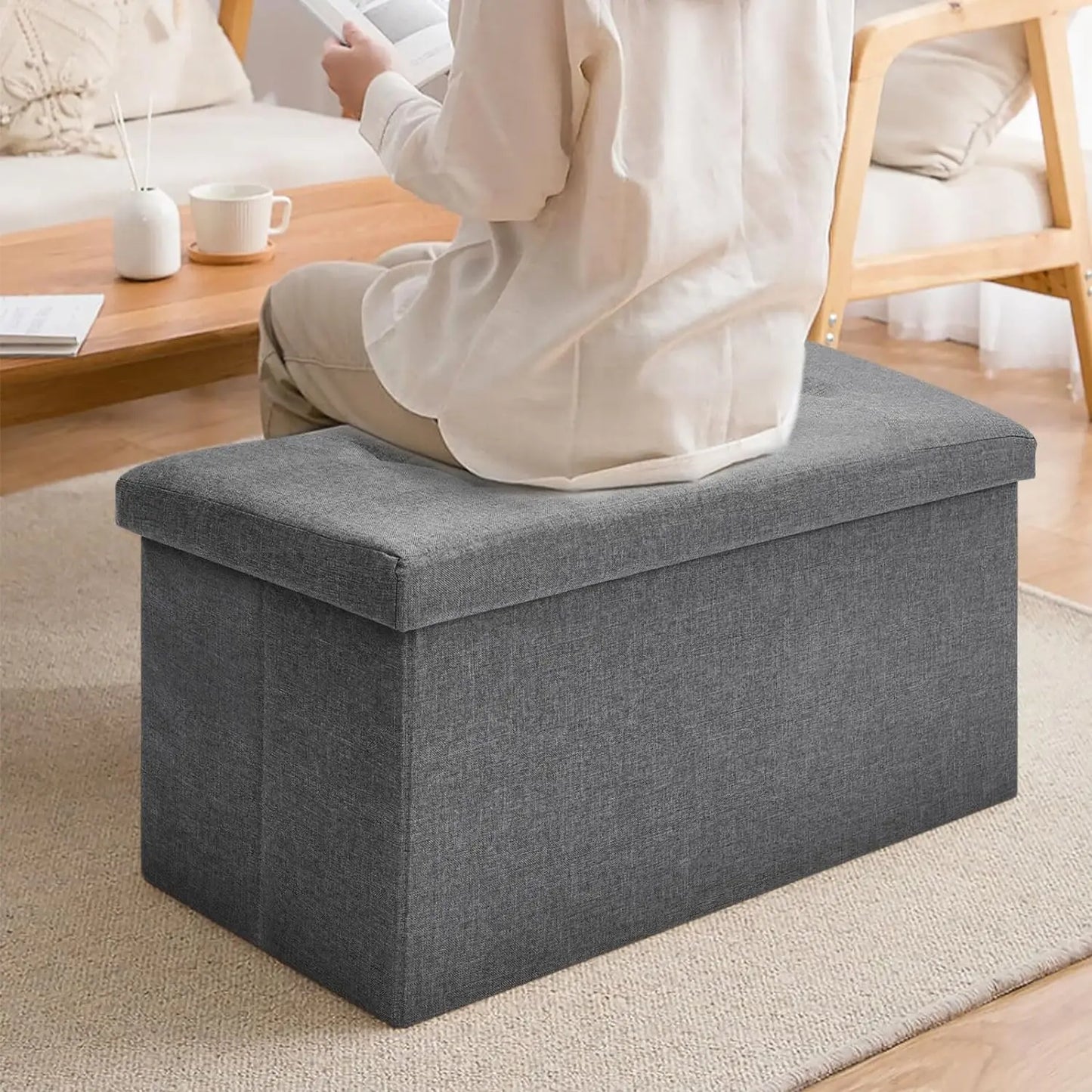 Folding Ottoman Storage Bench Footrest Stool Seat Toy Chest Storage Box with Lid Long Shoes Bench Footstool for Living Room Dark