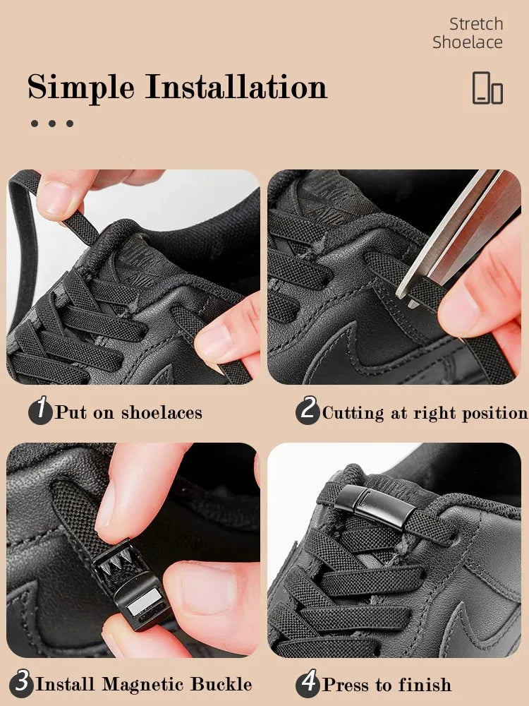 1 Pair Flat Elastic Sneaker Laces Kids Adult Metal Magnetic Buckle Quick Laces Casual Sports Rubber Straps Shoe Accessories