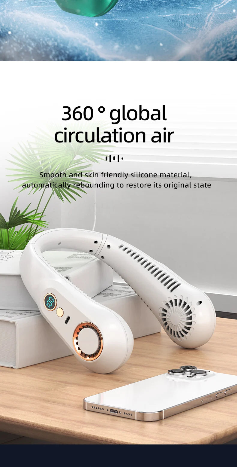 New Summer Portable Mini Hanging Neck Fan Bladeless Neckband Fan Digital Display Power Air Cooler USB Rechargeable Electric Fans