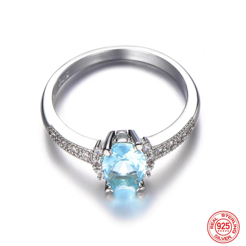 925 Sterling Silver Charm Aquamarine Ring For Women Fashion Wedding Jewelry Engagement Party Gift