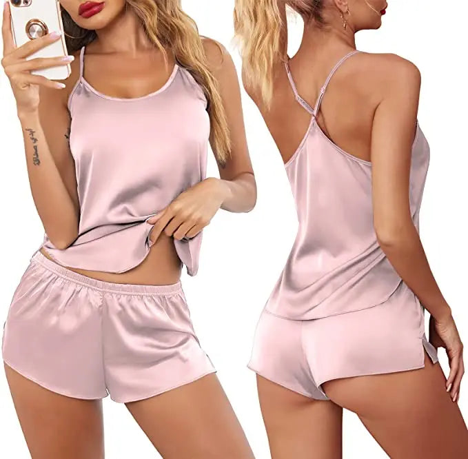 Women's Sleepwear Sexy Lace Satin Pajama Sets Nightwear Sleeveless Tops+Shorts 2 Pcs Sets Pyjama Sets For Women Pijama