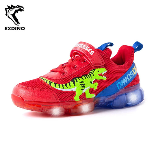 EXDINO T-REX LED 2-9Y Boys Spring Autumn Mesh Tennis Shoes Glowing Children's Kids Flashing Jelly Sole Light Up Casual Sneakers