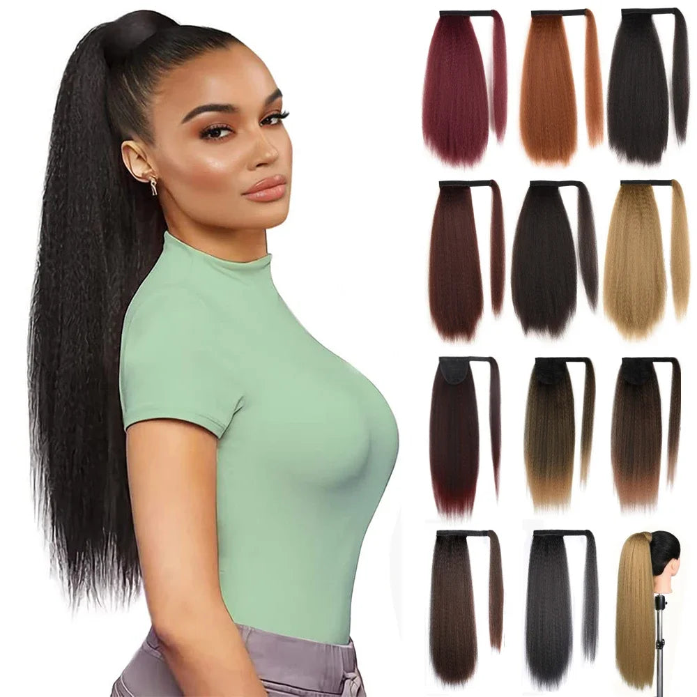 Synthetic Long Kinky Straight Ponytail Extension for Black Women Yaki Wrap Arpund Hair 24 Inch Clip in Magic Paste Black Tail