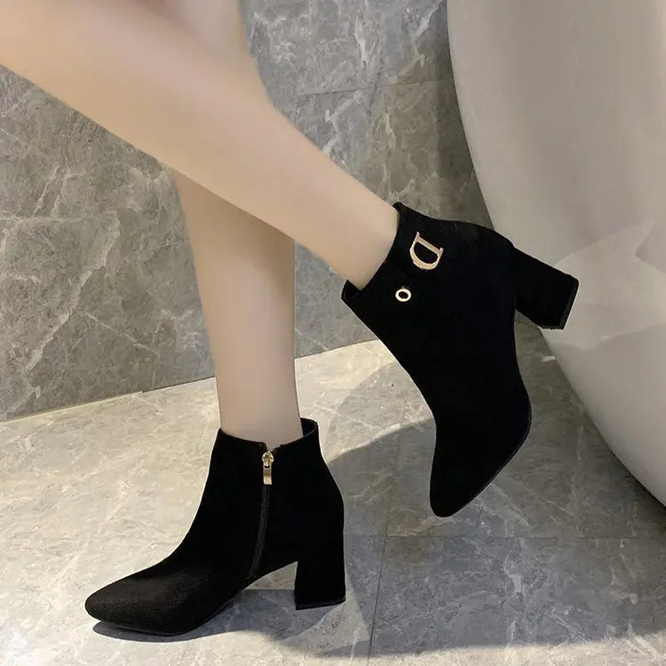 Women Ankle Boots Black Leather Fashion Ankle Boots Women Mid-heel Pointed Ladies Booties High Heel Short Wedding Boots