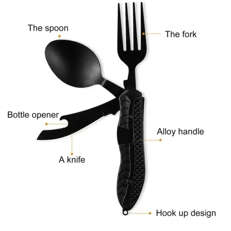 Outdoor Camping Utensils Portable Stainless Steel Foldable Spoon Fork Knife Bottle Opener Combo Set Cutlery Tableware Multitool