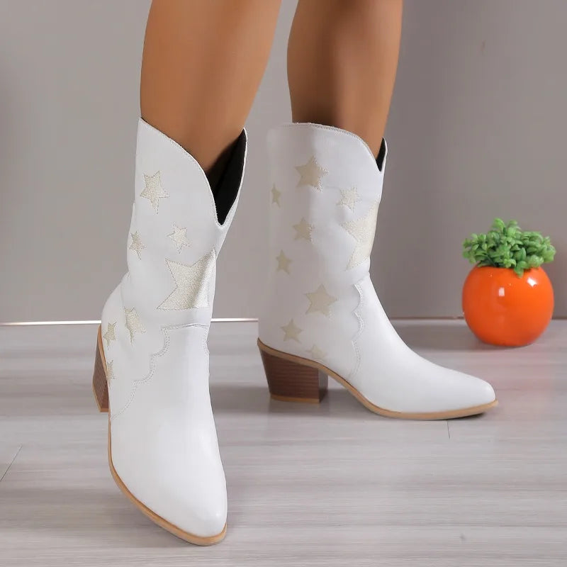 2023 New Women's Embroidered Western Knee High Boots Cowboy Cowgirl Boots Chunky Heel Platform Boots Women Western Shoes