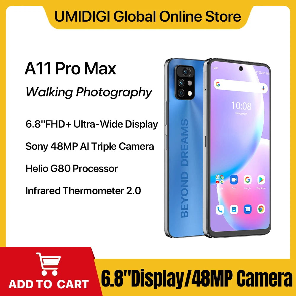 UMIDIGI A11 Pro Max Smartphone Android11 Helio G80 Global Version 6.8"FHD+ Screen 128GB 48MP AI Triple Camera 5150mAh Cell Phone