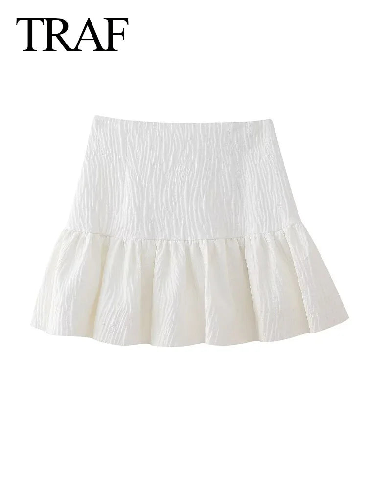 TRAF 2024 Woman's Spring Fashion Chic Short Skirts White High Waist Folds Decorate Zipper Mini Skirts Female Pleated Skirts