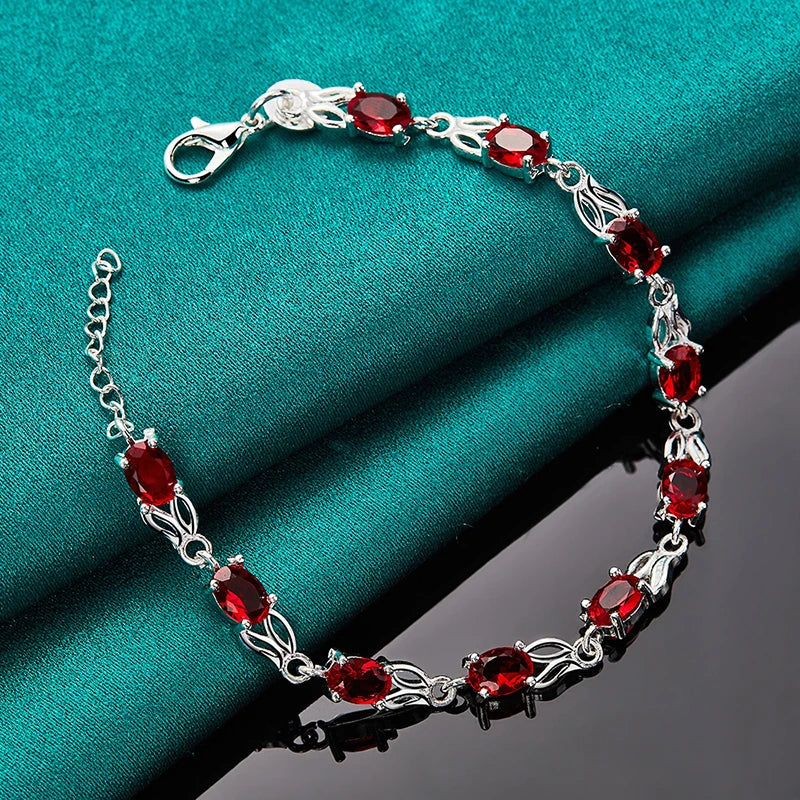 925 Sterling Silver Red AAA Zircon Rabbit Chain Bracelet For Women Fashion Party Engagement Wedding Birthday Gift Charm Jewelry