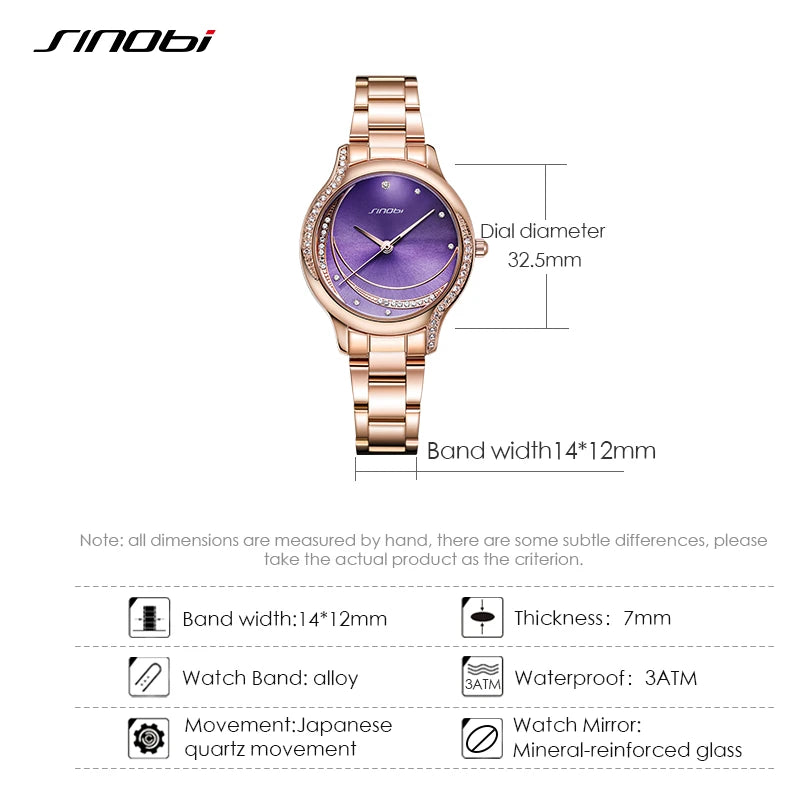 Sinobi Purple Golden Ladies Clock Fashion Diamond Luxury Woman's Quartz Wristwatches Original Design Lady Watches Girl Bracelet