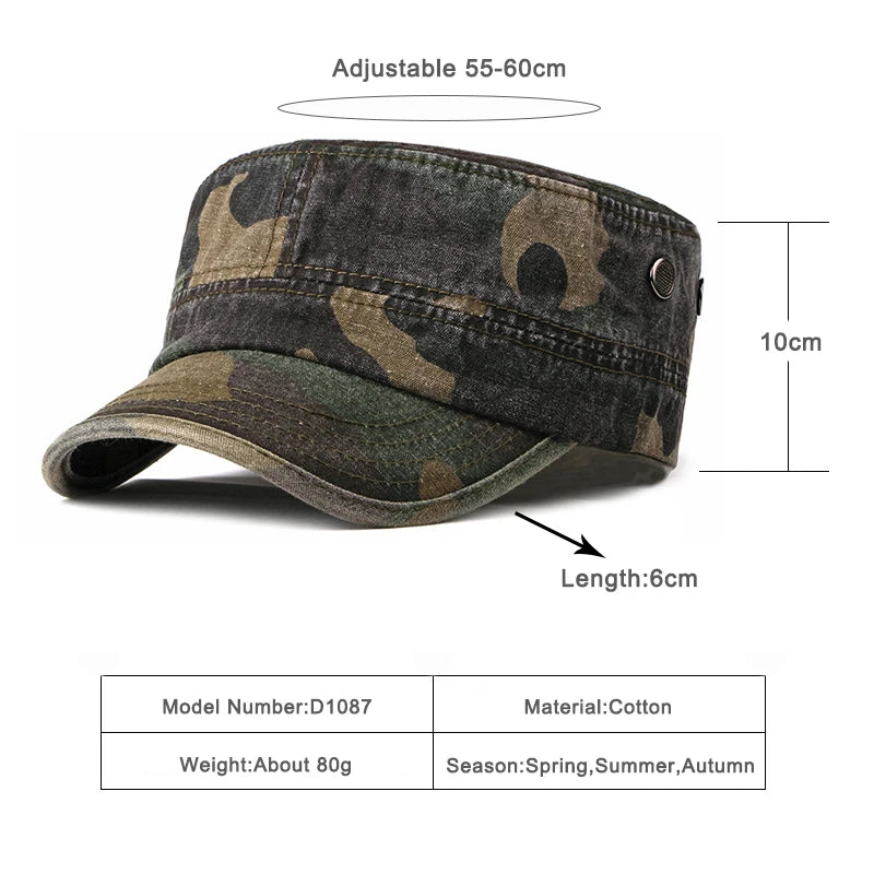 Vintage Camouflage Hats for Men Women Spring Summer Flat Top Baseball Caps Outdoor Camo Cadet Combat Fishing Cap Sunscreen Cap