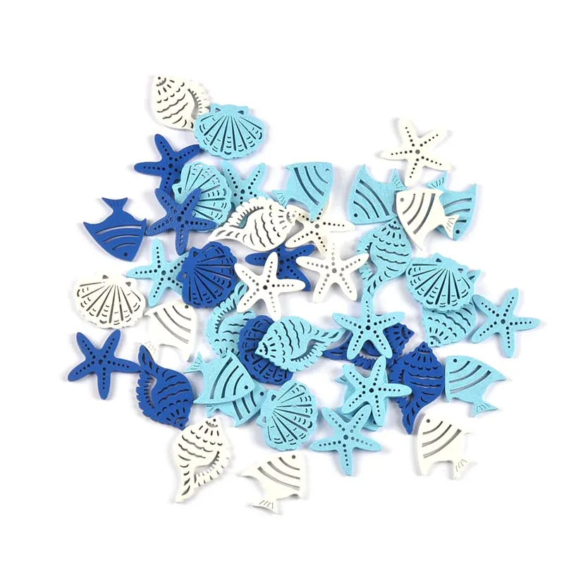 10/25pcs 3-6cm Mixed Blue White Fish/Seashells/Starfish Wood Slices DIY Scrapbook Crafts Wooden Hanging Ornaments Home Decor