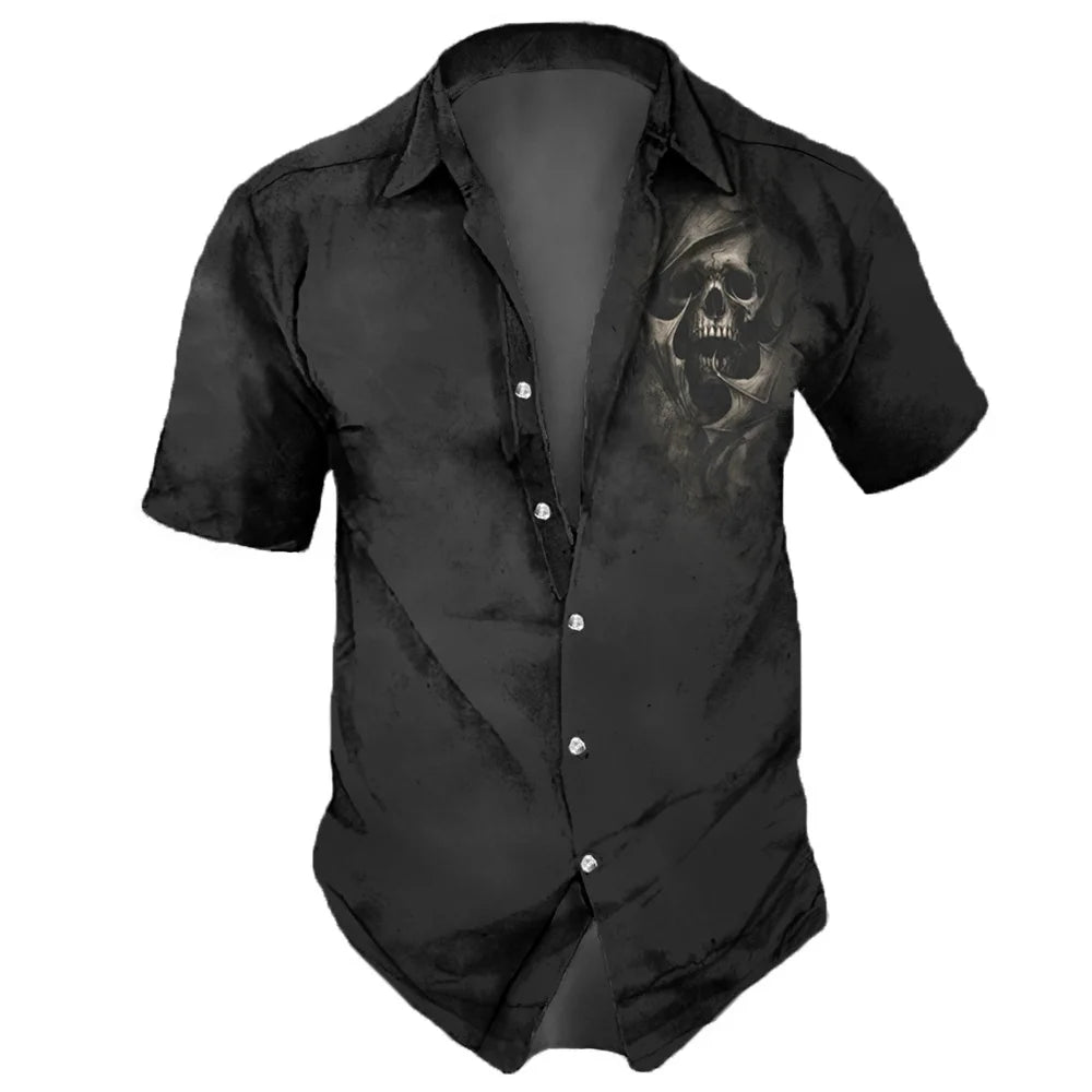 2023 Men's Shirts Lapel Streetwear Vintage Shirt For Men Skull Hip Hop Short Sleeve Top Party Summer Casual Men Hawaiian Shirts