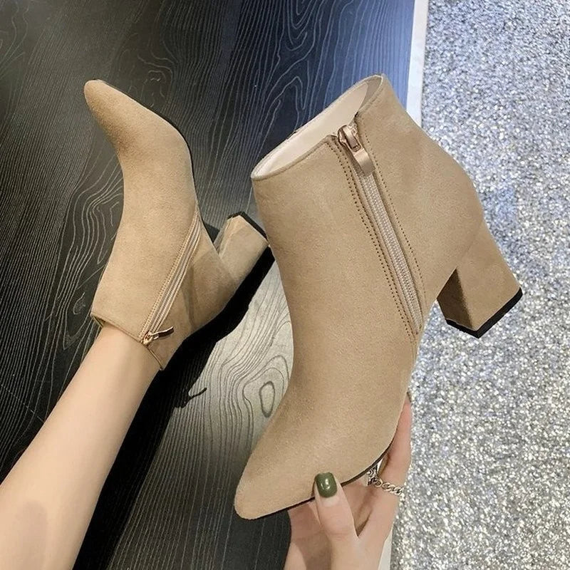 Women Ankle Boots Black Leather Fashion Ankle Boots Women Mid-heel Pointed Ladies Booties High Heel Short Wedding Boots