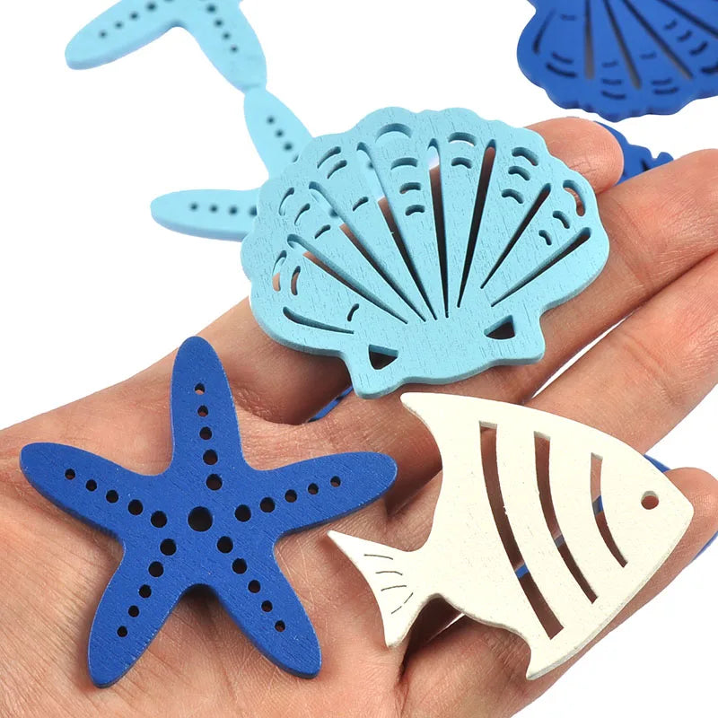 10/25pcs 3-6cm Mixed Blue White Fish/Seashells/Starfish Wood Slices DIY Scrapbook Crafts Wooden Hanging Ornaments Home Decor