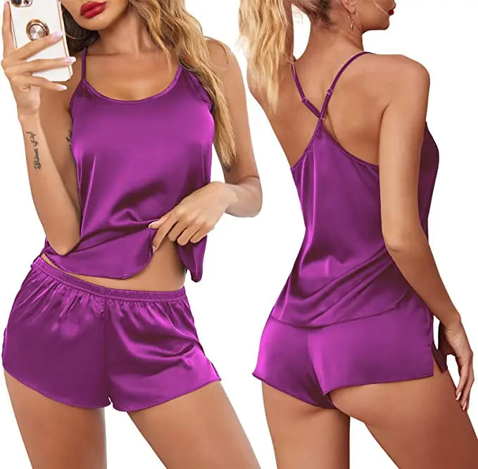 Women's Sleepwear Sexy Lace Satin Pajama Sets Nightwear Sleeveless Tops+Shorts 2 Pcs Sets Pyjama Sets For Women Pijama