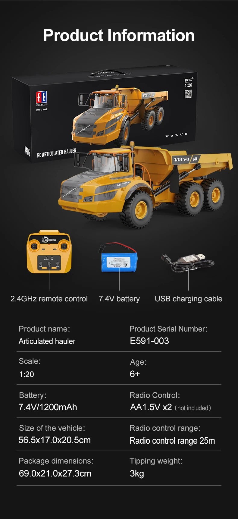 Double E E591 A40G Large RC truck 1:20 Rc Dumper Alloy Cars Trucks Remote Control Car Tractor Articulated Dump Engineering Car