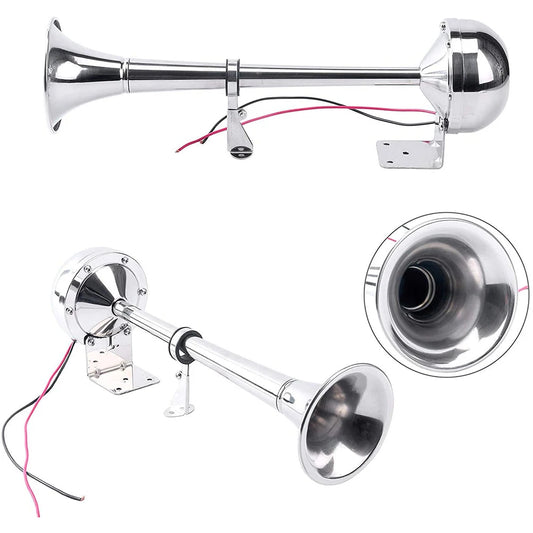 12V Polished Stainless Steel Single Trumpet Horn Low Tone Single Car Trumpet Air Horn Compressor Speaker for Marine Boat Truck