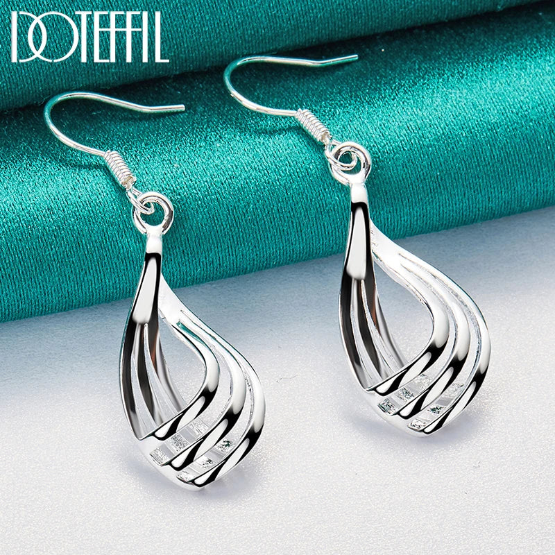 DOTEFFIL 925 Sterling Silver Third line Water Drops Earrings For Woman Best Gift Wedding Engagement Party Jewelry