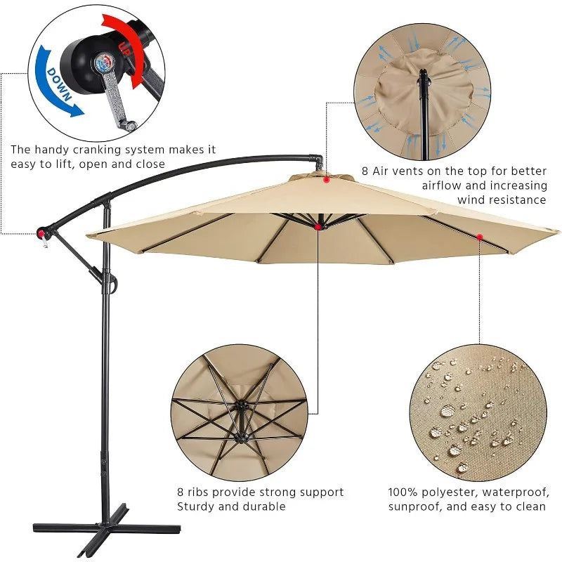 10FT Patio Offset Umbrella - Cantilever Hanging Outdoor Umbrellas w/UV Protection & 8 Ribs & Handy Crank & Cross Base for Marke