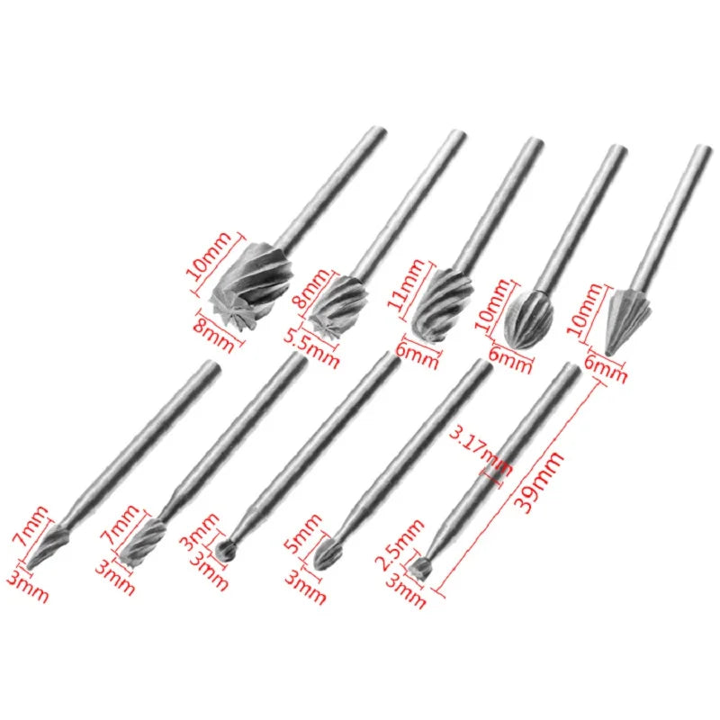 10Pcs 1/8 HSS Routing Router Drill Bits Set for Dremel Carbide Rotary Burrs Tools Wood Stone Metal Root Carving Milling Cutter