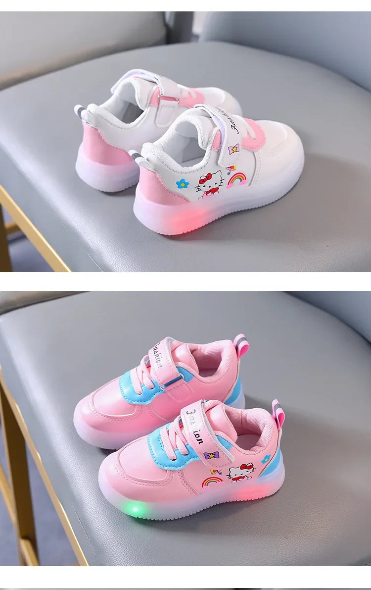 Sanrio LED Kids Shoes for Girls Cute Cartoon Hello Kitty Shoes Summer Girl Kawaii Shoes Soft Bottom Sneakers Casual Shoes