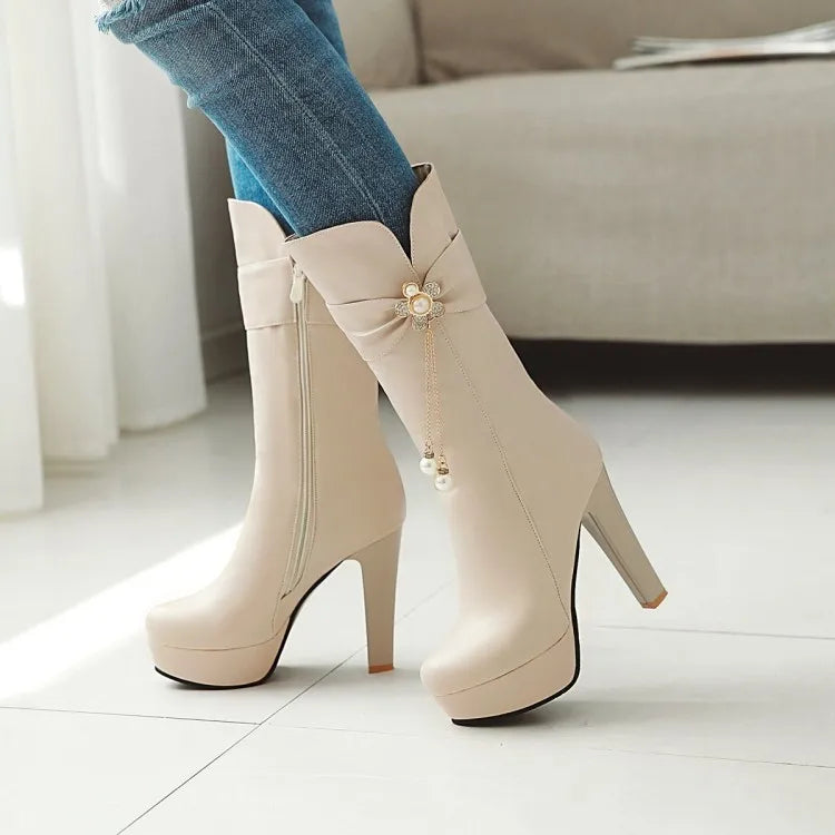 Autumn And Winter New fashion zipper Crystal Flower Thick heel High heel Middle tube Women's Boots high 10cm plus size 35-43