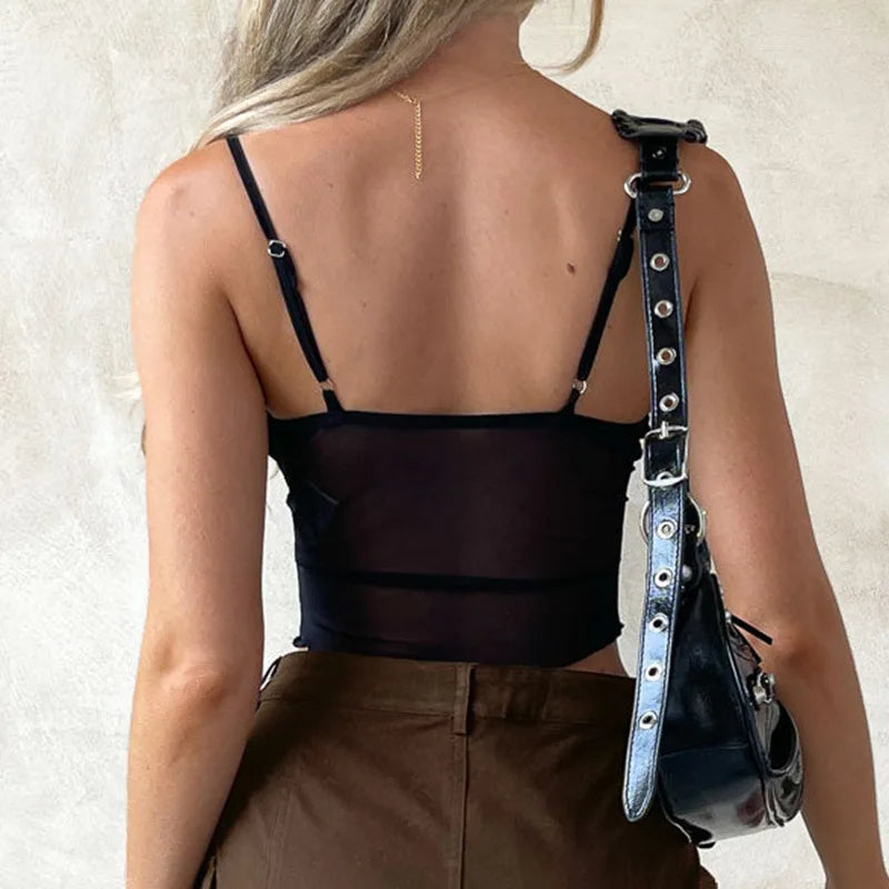 Black Corset Crop Top Women Sleeveless Summer Sexy Streetwear Fashion Lace-up Camis Mesh See Through Backless Casual Cropped Top