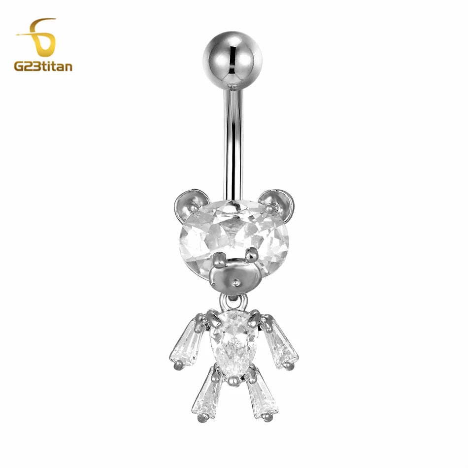 G23titan Bright Silver Color Zircon Bear Belly Piercing Ring 14G Titanium Navel Bar Body Jewelry Women Beach Vacation Accesories